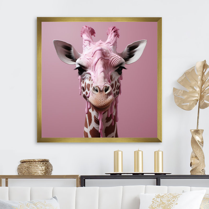 Girafe rose, position romantique sur toile, Cadre doré simple, H 16 po x l 16 po x P 1 po
