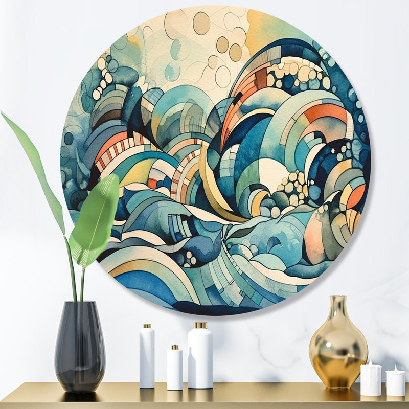 «Blue and orange», art mural rond abstrait géométrique sur métal, H 16 po x l 16 po x P 1 po