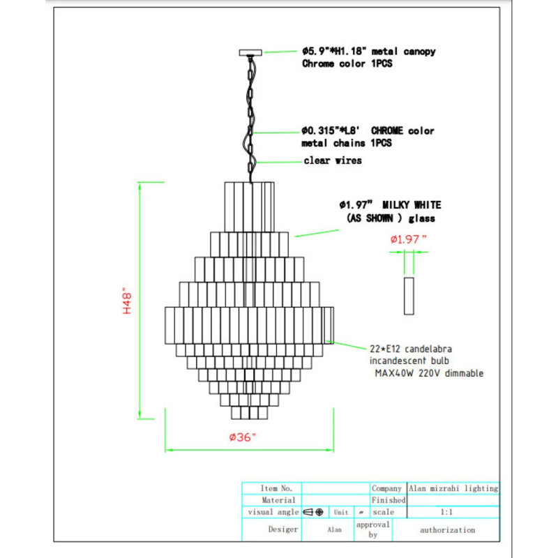 Chandelier Roma léger, H 103 po x l 52 po x P 52 po, Fumée, Nickel brossé