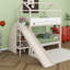 Lit superposé en bois en forme de maison avec glissière et escalier de rangement, lit superposé peu encombrant avec tablettes intégrées et garde-corps-352139156
