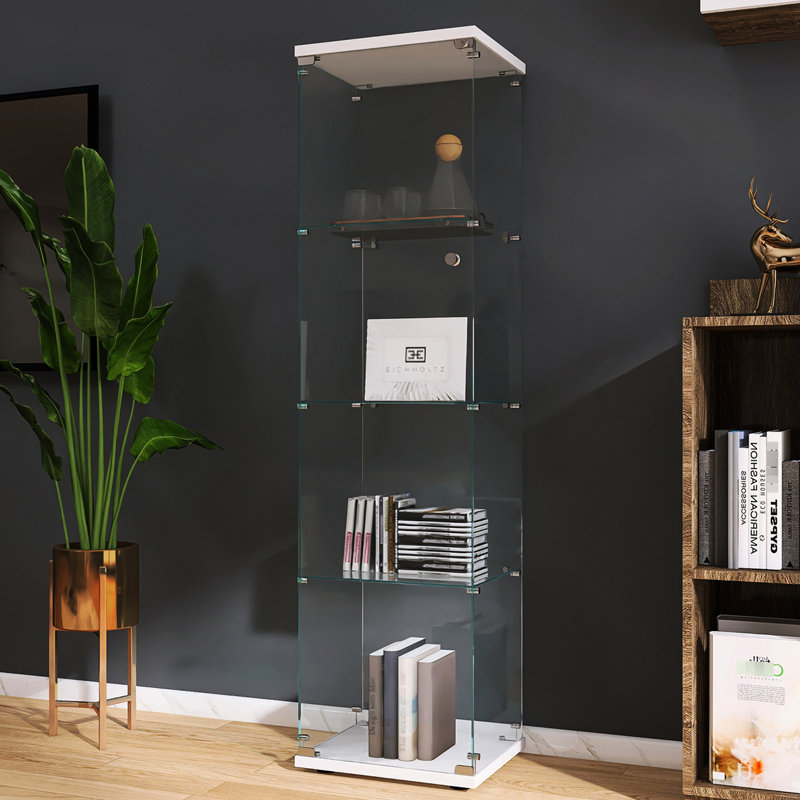 Vitrine lumineuse en verre à 4 tablettes, blanc - pour objets d'art avec 4 tablettes