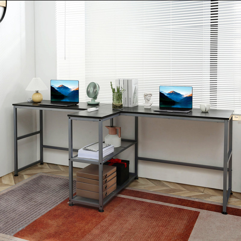 Bureau d'ordinateur avec 2 tablettes de rangement, bureau à cadre en acier pour bureau personnel