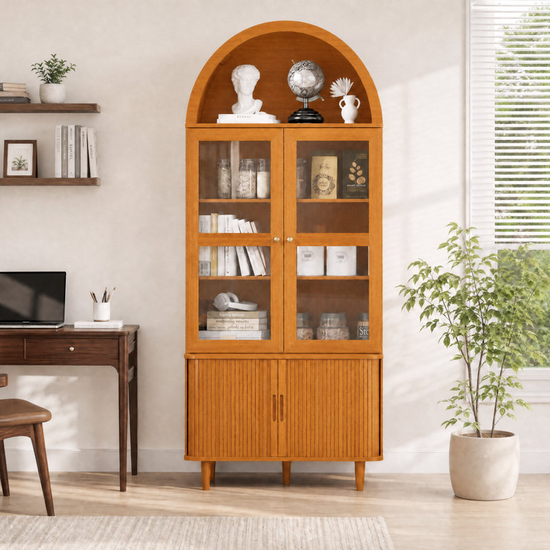 Bibliothèque 71 po, armoire de rangement cannelée haute avec portes en verre et portes à tambour coulissantes et tablettes réglables pour le salon, la cuisine et la salle à manger
