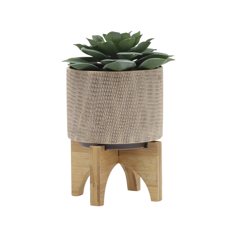 Set of 2 Beige Ceramic Planters with Wooden Stands