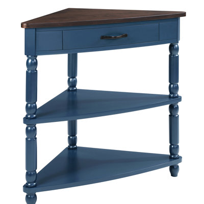 33.8'' Navy Blue And Top 3 Tier Small Triangle Corner Table With Solid Wood Legs, Perfect For Living Spaces In Rooms Balconies, Quick Easy To Assemble Space Utilizing Finish, Waterproof Tabletop,