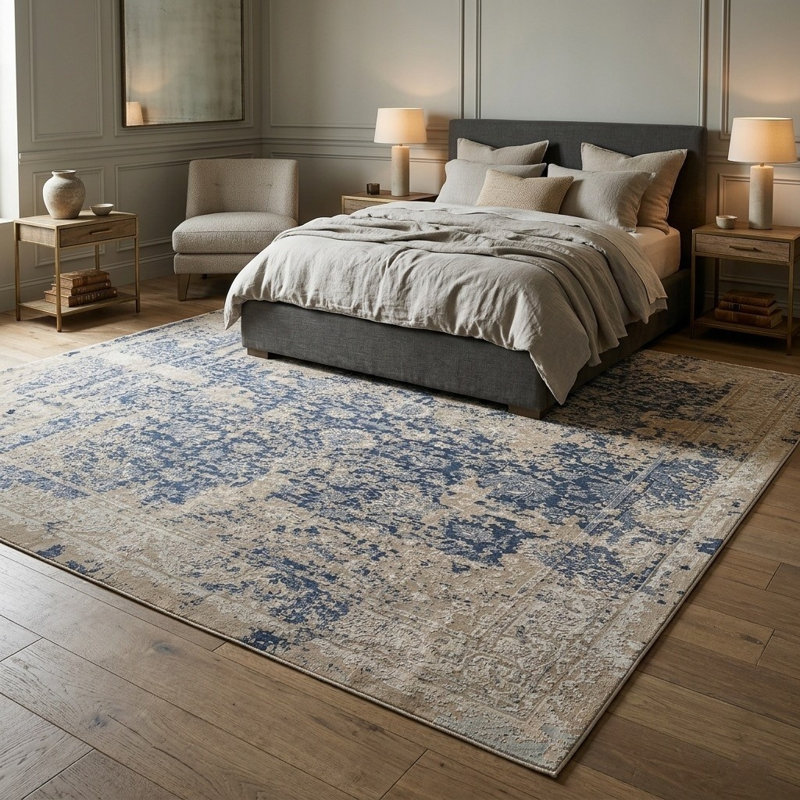 Tapis bleu / gris à motif floral Ophelia Lux, Rectangle de 5 pi x 8 pi