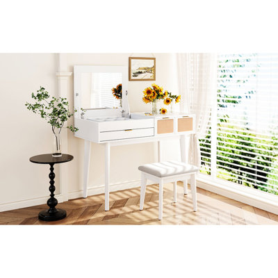 White Makeup Vanity With Stool, 43.3" Flip-top Mirror, Three Drawers For An Organized And Attractive Beauty Space Classic Solid Wood White, Mirror A Gorgeous Captivating Area