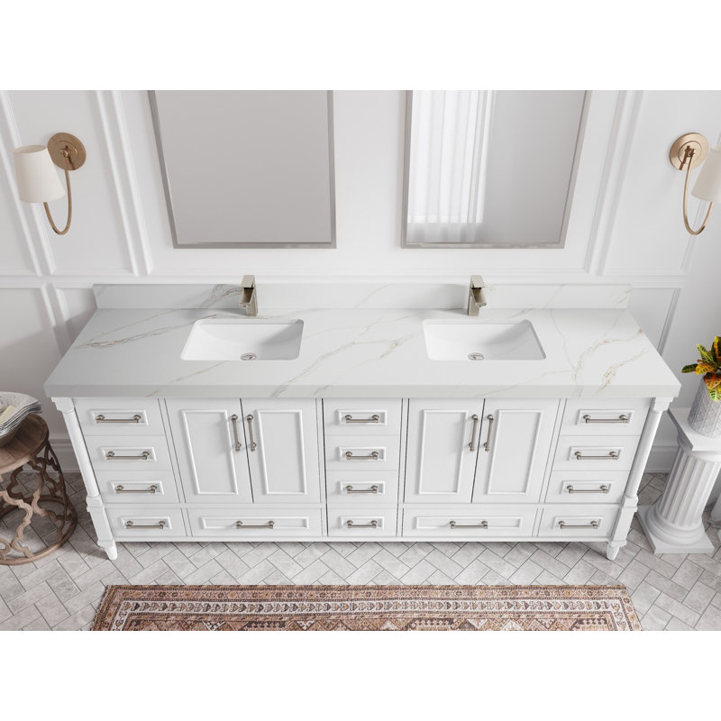Meuble-lavabo double 84 po avec comptoir en quartz Aberdeen, Sienne Calacatta, Blanc