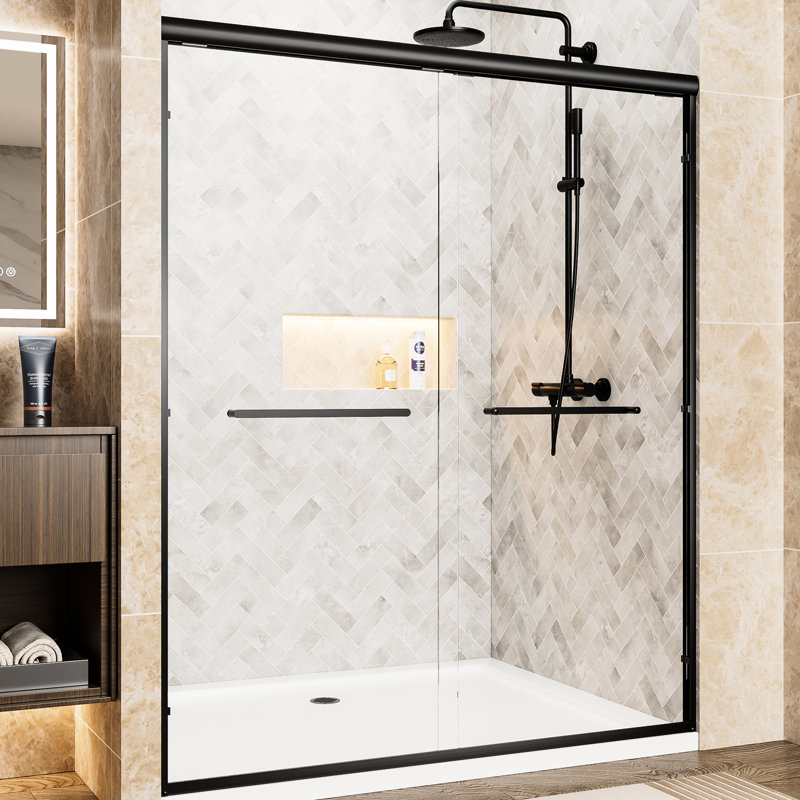 72" Tall 60" Wide Double Sliding Shower Door, 1/4"  6Mm  Clear Tempered Glass, Matte Black Aluminum Frame, Stainless Steel Handles, Width Can Be 56" - 60", Waterproof Function For Room, Scatter Film,