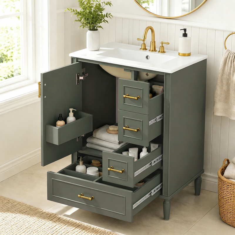 Meuble-lavabo moderne de 24 po avec lavabo en céramique, porte à fermeture en douceur, 3 tiroirs, poignées dorées et support pour rangement compact (ancien SKU: N729P373272F)