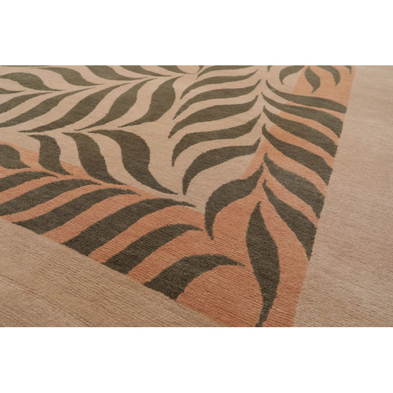 Tapis beige / brun en laine noué à la main de conception unique 9 pi x 12 pi