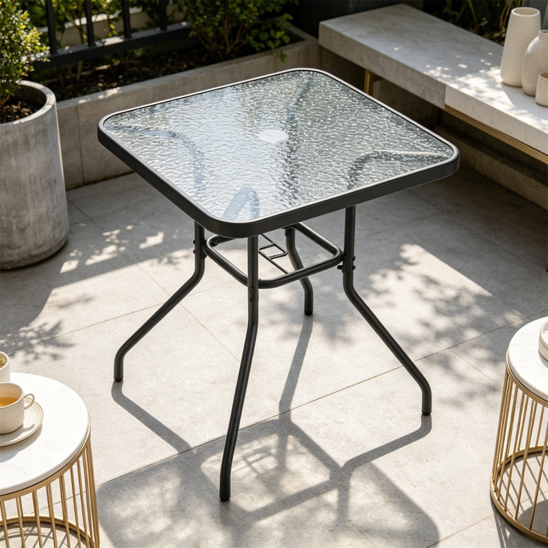 28" Square Patio Bistro Table with Umbrella Hole, Tempered Glass Top, Black
