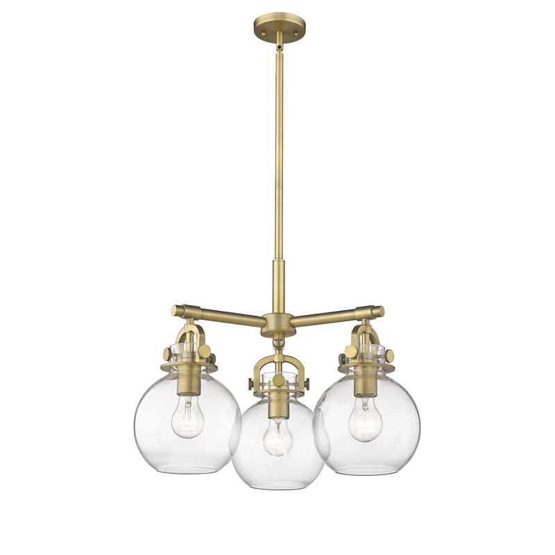 Luminaire suspendu sur tige 3 lumières Lantz, Laiton brossé, Transparent