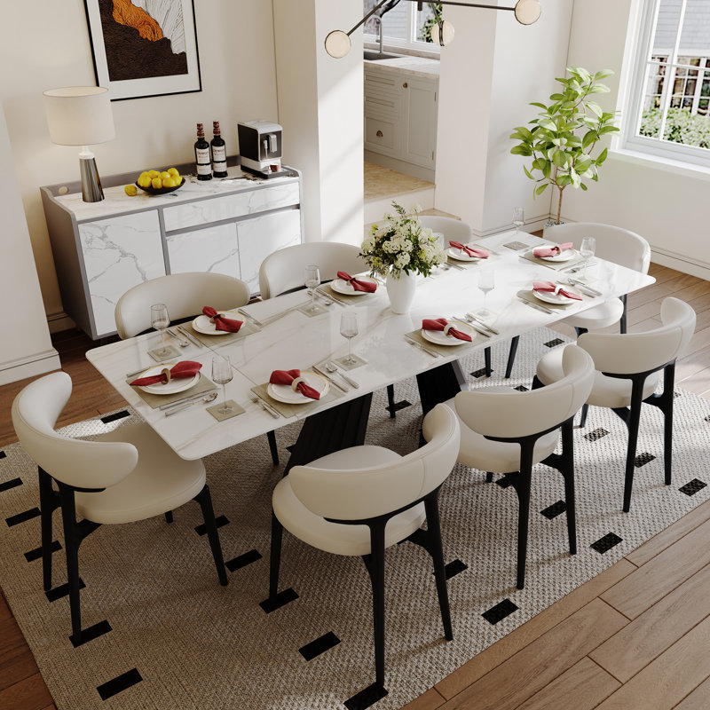 95" Modern Extendable Sintered Stone Dining Table Set With 8 Dining Chairs