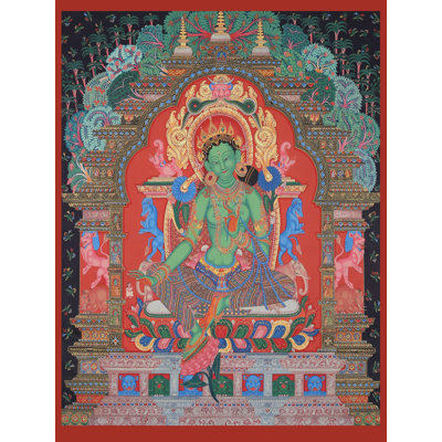 Déesse Newari - Tara verte (Thangka sans brocart) | Aquarelle sur coton