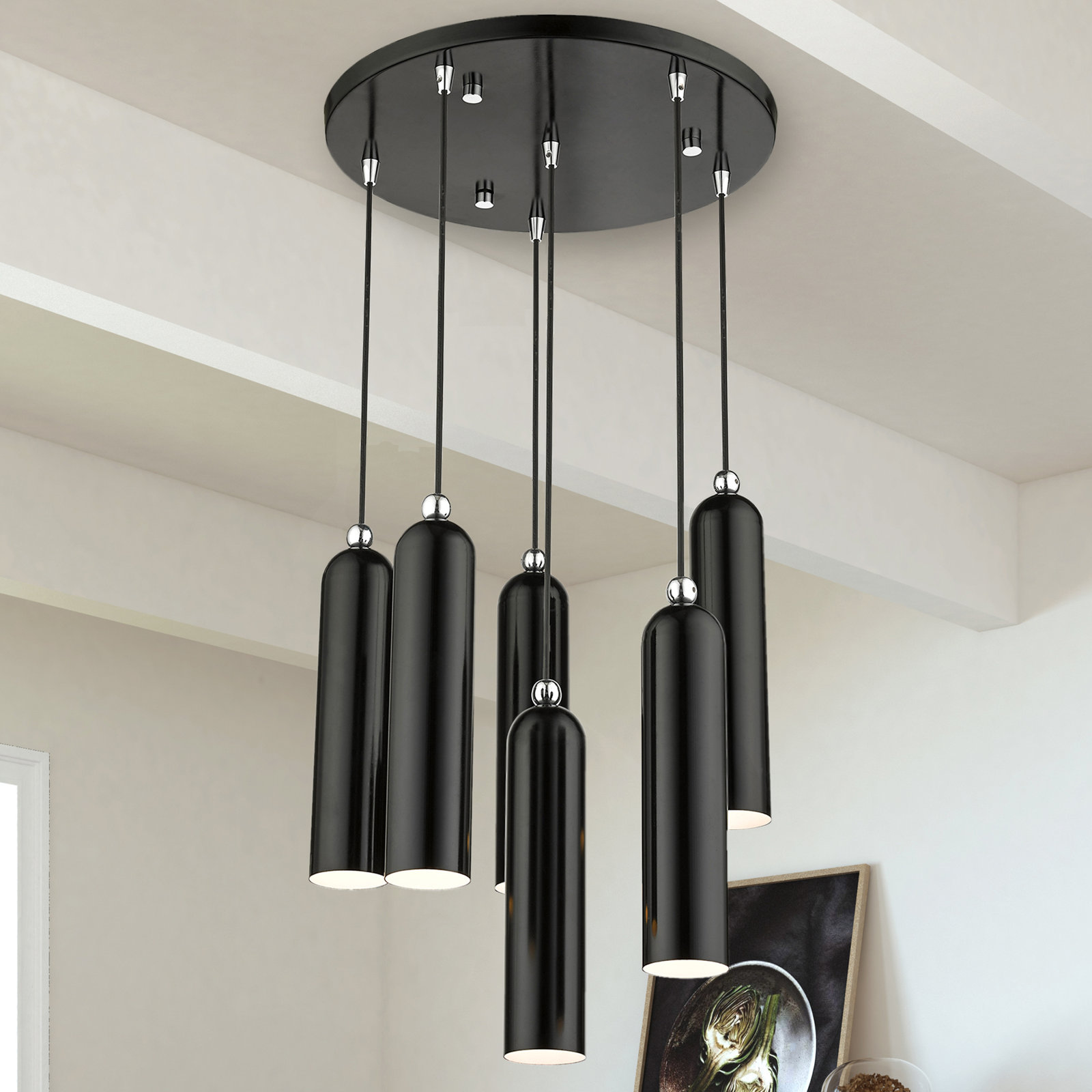 Harly 6 Light Metal Dimmable Pendant, Shiny Black