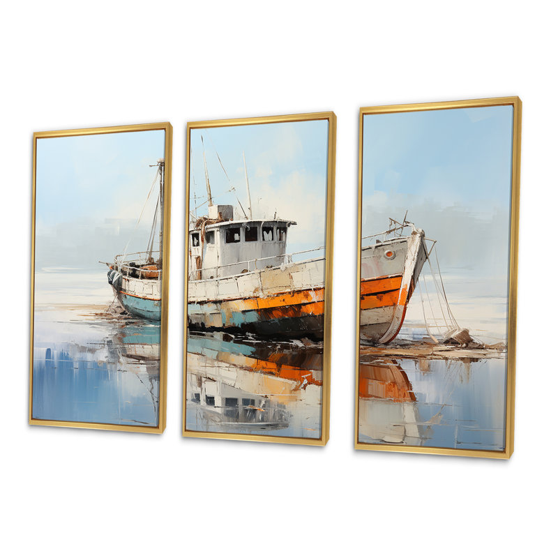 Bateau de pêche au port III - ensemble d'art sur toile de bateau côtier, Cadre flottant doré, H 28 po x l 36 po x P 1 po