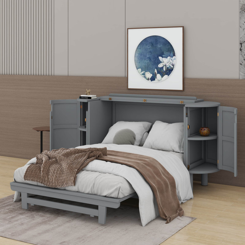 Lit escamotable double avec rangement caché et conception tissée moderne, Gris, Lit double