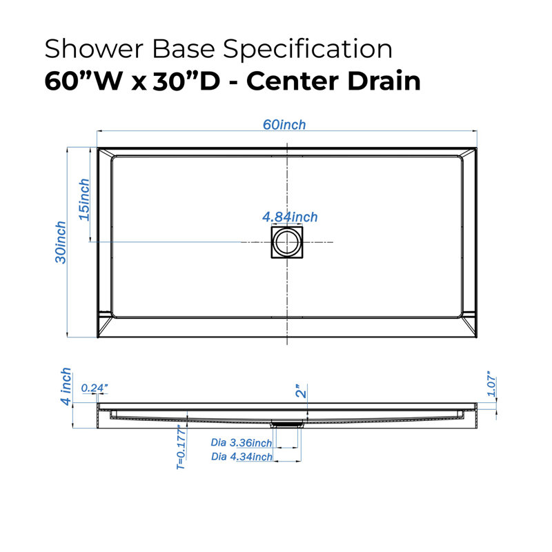 30 po L x 60 po W Base de bac de douche en alcôve avec drain central