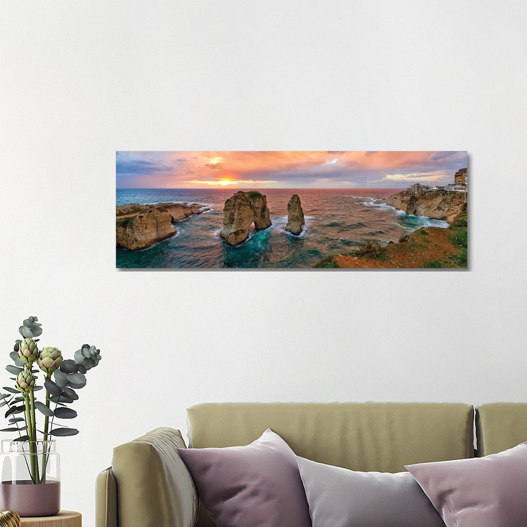Sunset At The Raouche Coast, Beirut, Lebanon - Wrapped Canvas Panoramic Print