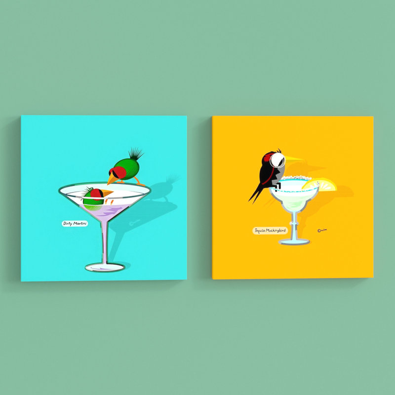 « cocktail oiseaux series », ensemble de 2 reproductions d’art sur toiles diptych