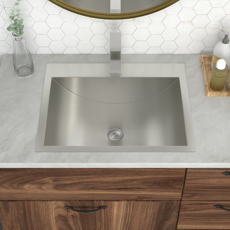 Lavabo-vasque rectangulaire Mocoloo 21 po à poser, en acier inoxydable brossé, avec bonde escamotable et un seul trou pour robinet.