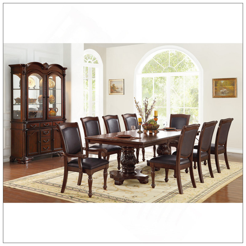 Formal Dining Room Table W Leaf Brown 1Pc Dining Table Only Double Pedestal Base Royal Rectangle Table