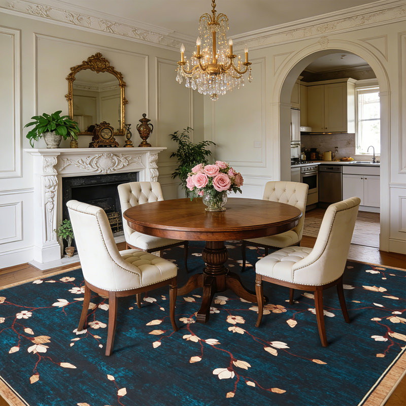 9x12 Area Rug for Living Room, Vintage Floral Rug, Washable Non Slip & Low Pile Carpet for Living Room, Bedroom, Dining Room, Blue