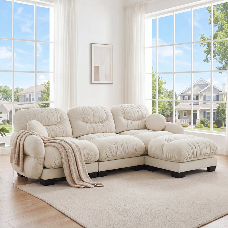 Pleated Modular Sectional Sofa, Chenille Cloud Couch with L-Shaped Chaise & Ottoman, Beige Chenille