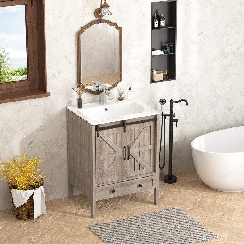 24"Sliding Barn Door Bathroom Vanity With Sink Top – Farmhouse Style Small Single Vanity Set, Natural