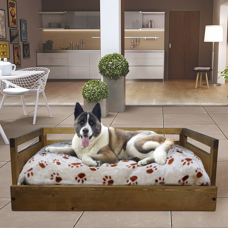 Canapé pour chien en bois avec coussin Hanke, Grand (l 21,46 po x l 34,25 po x H 9,45 po), Brun rustique