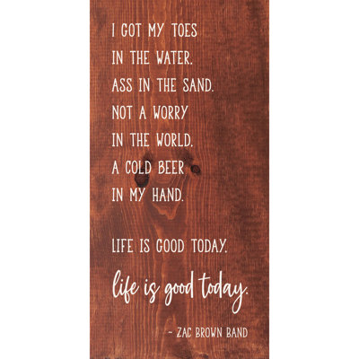 " I Got My Toes In The Water, Ass In The Sand, Not A Worry In The World, A Cold Beer In My Hand. Life Is Good Today. Life Is Good Today. - Zach Brown Band "