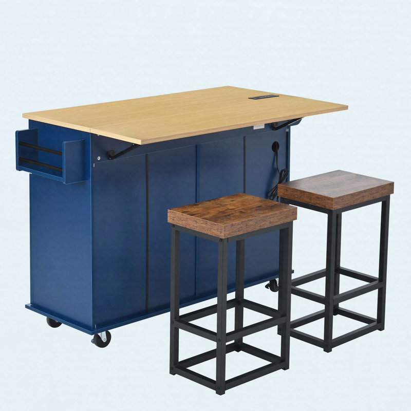 Farmhouse Kitchen Island with Drop Leaf and 2 Seatings, Kitchen Table Set with Storage Cabinet, Drawers, Door Shelves and Power Outlet, Blue