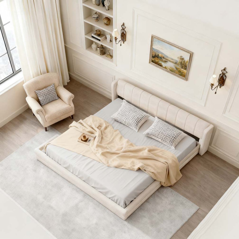 Très grande base de lit tapissier avec tissu épais, Beige