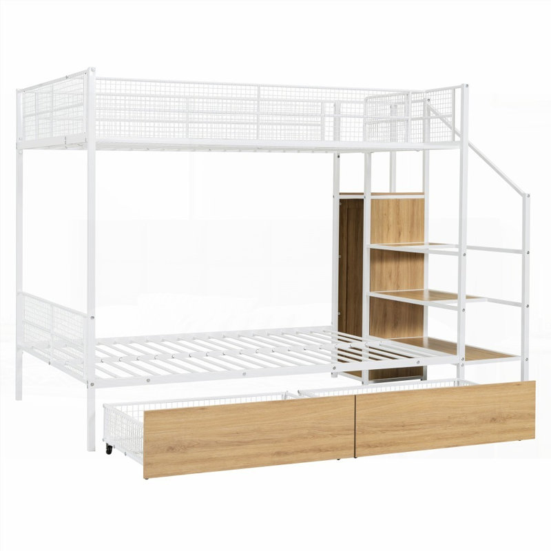 Lit superposé simple au-dessus d'un lit double en métal avec tiroir et échelle de rangement, robuste et amp; Peu encombrant (L 92,8 po x l 56 po x H 67 po)