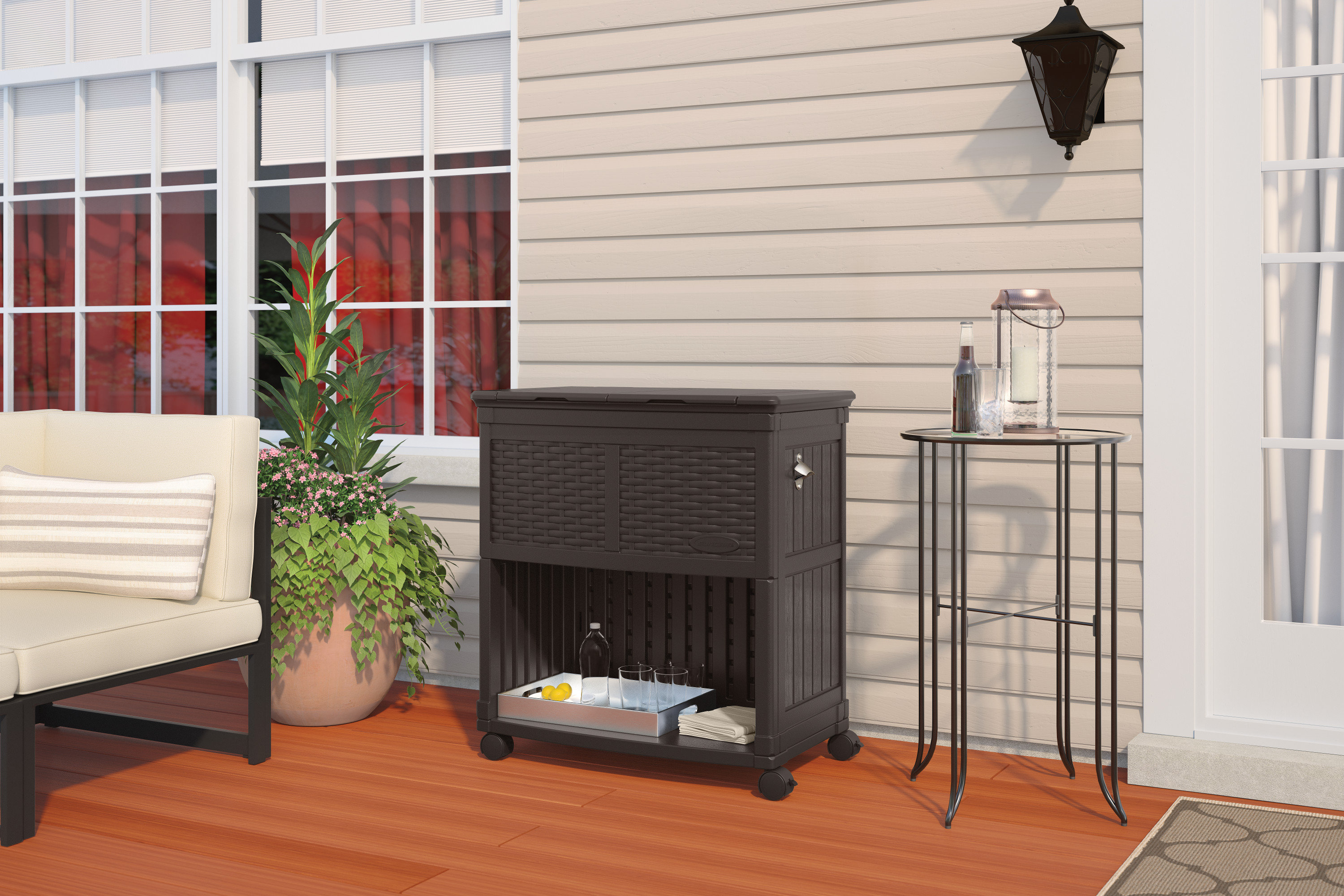 Suncast 85 Quarts Serving Station / Cart Cooler with wheels in Brown