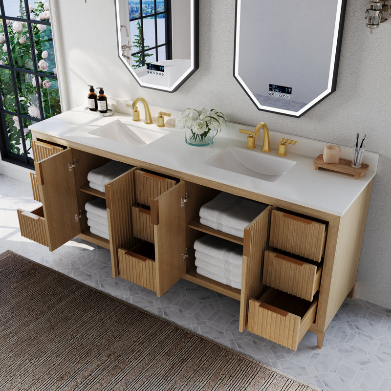 Turlington  Bath Vanity Set With White Quartz Vanity Top And White Undermount Basin, Oak, 84"