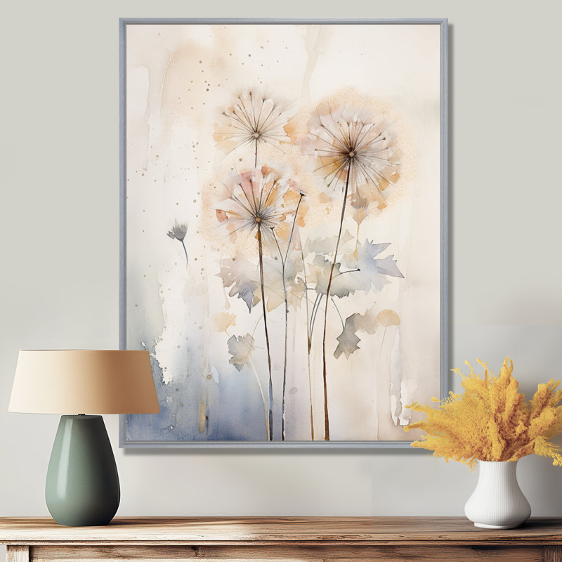 Dandelion Charm in Winter IV - Pissenlit grand, art mural, H 20 po x l 12 po x P 1 po, Cadre argenté flottant