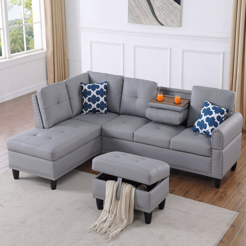 Canapé modulaire en L en similicuir avec repose-pieds avec rangement