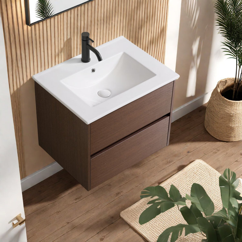 Ensemble de meuble-lavabo flottant multifonctionnel, en céramique et en contreplaqué, de style moderne pour les salles de bain compactes
