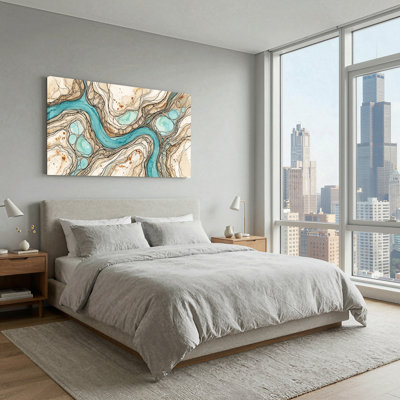 Turquoise, rivière qui coule à travers un paysage de toile beige et brun 47 x 24 x 1,5 po