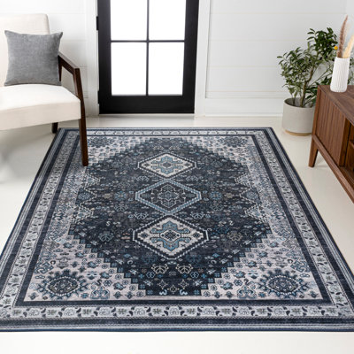 Dalyan Geometric Medallions Machine-Washable Navy/Light Gray Rug