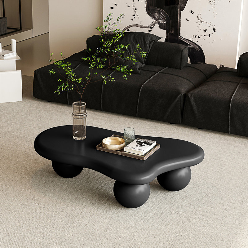 Table basse de 40 pouces en forme de nuage avec 3 pieds sphériques pour le salon, noir, durable et élégant, Noir, Noir