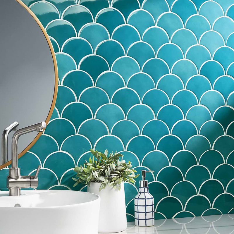 Highwater 5" Fish Scale Polished Ceramic Tile, Teal