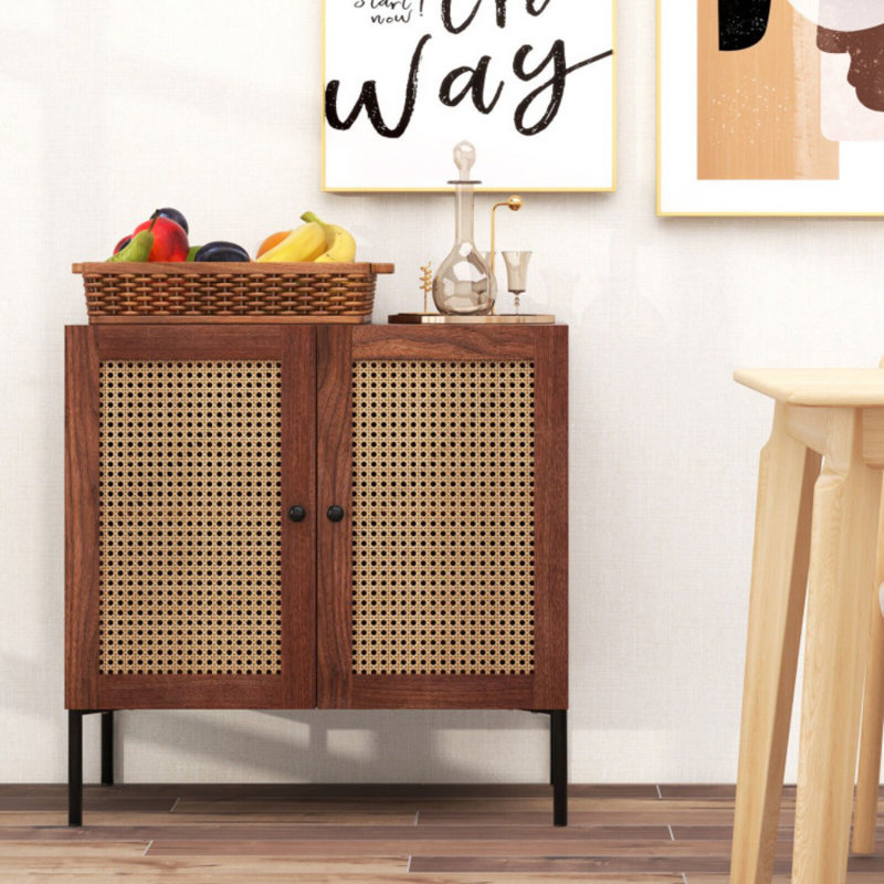 Buffet de cuisine avec 2 portes en rotin et tablette réglable, Noir / noyer