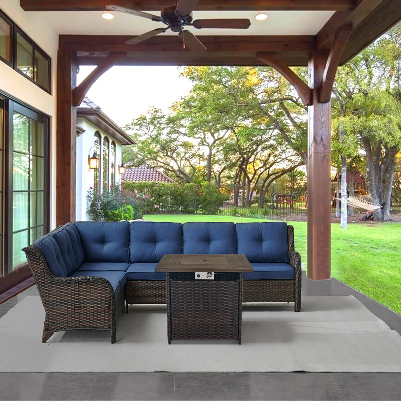 Bonia 6 - Person Outdoor Sectionals Seating Group with Cushions and Square Fire Pit, Brown, Blue
