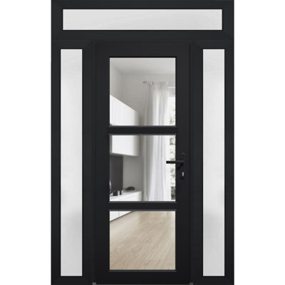 Front Exterior Prehung uPVC Metal-Plastic Door Clear Glass See-through Manux 8555 Matte Black Clear Glass 2 Side and Top Exterior Window Office Commercial and Residential Doors Entrance Patio Garage-W14+36+14 x H80+14-Right-hand Inswing