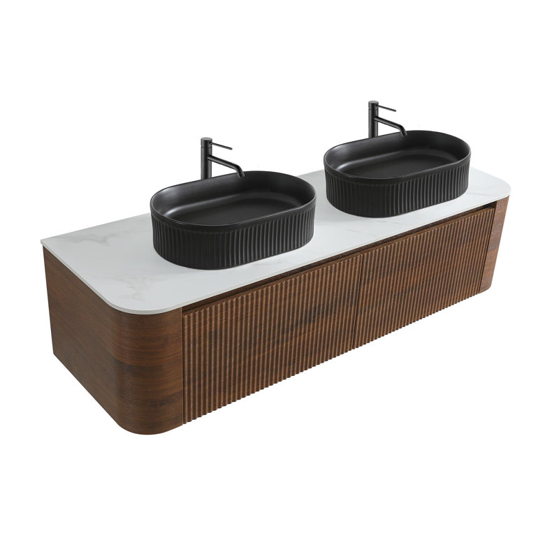 Meuble-lavabo double en céramique, Walnut, 60" W