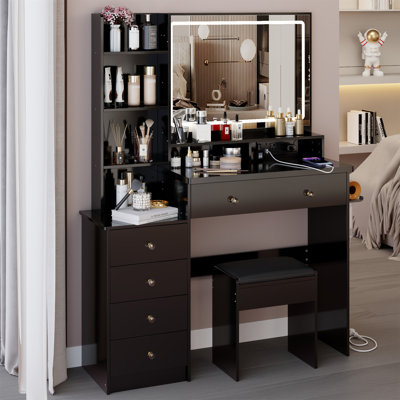 41" Large Size Left Bedside Cabinet Vanity Table+Cushioned Stool Dresser Set, 2 AC+2 USB Power Station, Hair Dryer Stand, Extra Large Touch Control LE by Ivy Bronx