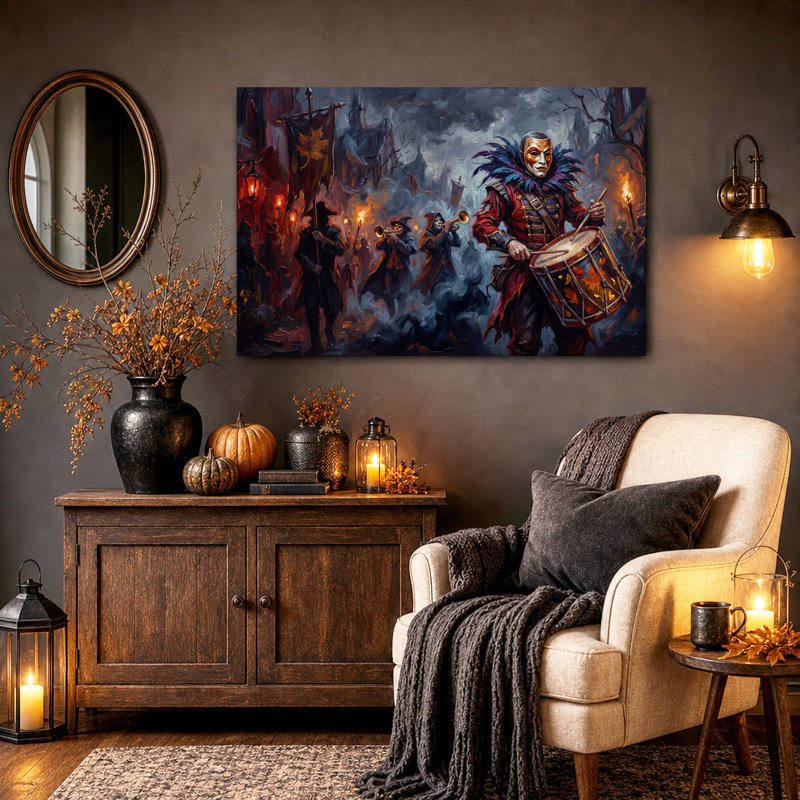Tableau mural sur toile représentant un batteur masqué et des feuilles d'automne, idéal pour l'Halloween, H 32 po x l 48 po